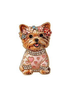 Yorkie Dog Brooch With Crystals & Pink Enamel Gold Tone